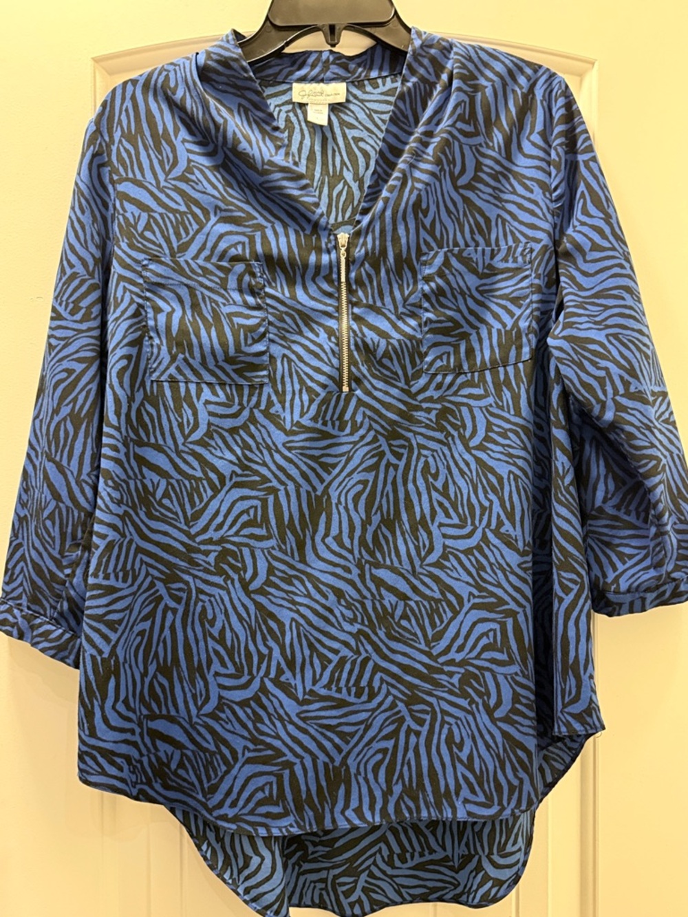 jocelyn Blue and Black Zebra Print Zip Front Blouse